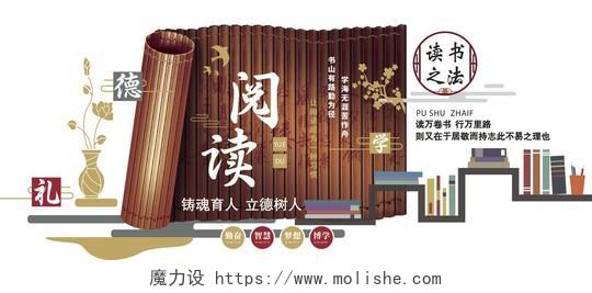 褐色中式校园文化墙图书馆文化墙